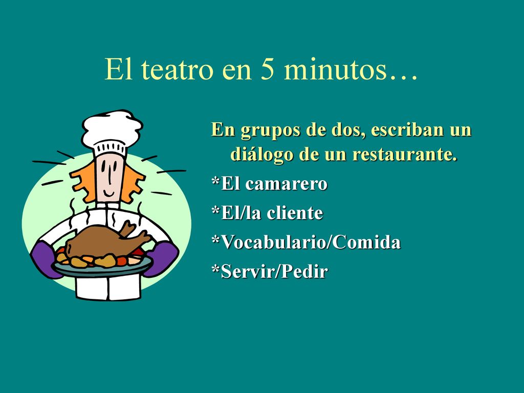 El teatro en 5 minutos… En grupos de dos, escriban un diálogo de un restaurante. *El camarero. *El/la cliente.