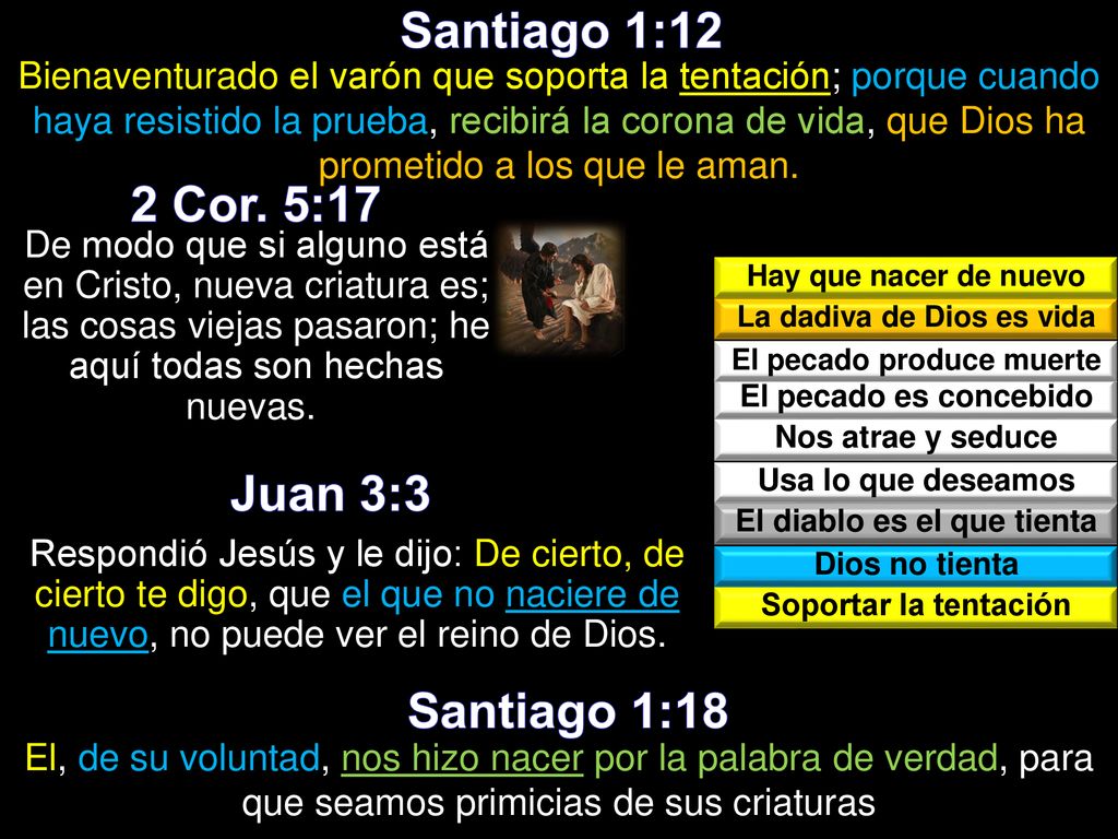 Santiago 1:12 2 Cor. 5:17 Juan 3:3 Santiago 1:18