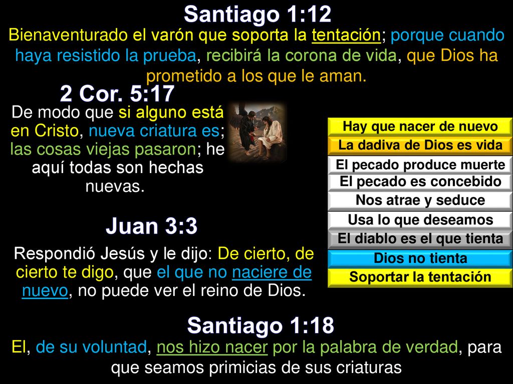 Santiago 1:12 2 Cor. 5:17 Juan 3:3 Santiago 1:18