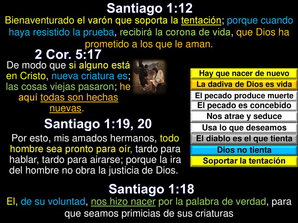 Santiago 1:12 2 Cor. 5:17 Santiago 1:19, 20 Santiago 1:18