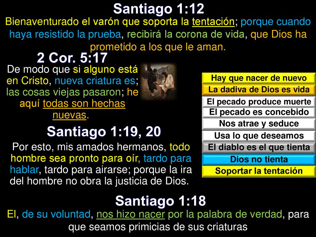 Santiago 1:12 2 Cor. 5:17 Santiago 1:19, 20 Santiago 1:18