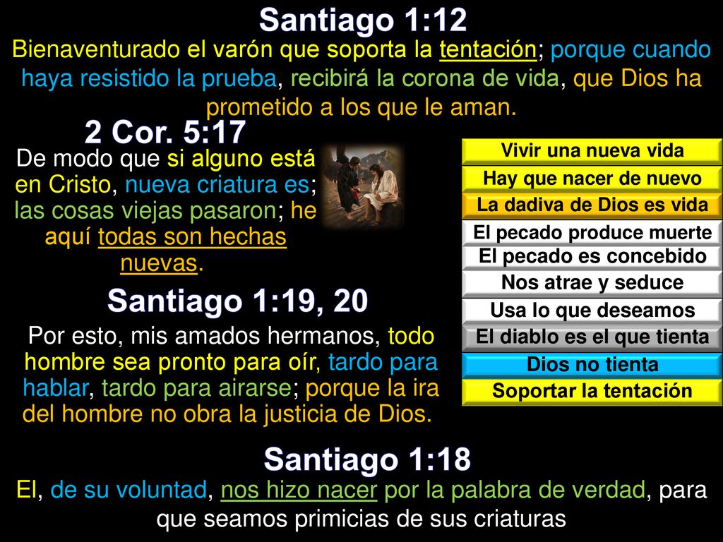 Santiago 1:12 2 Cor. 5:17 Santiago 1:19, 20 Santiago 1:18