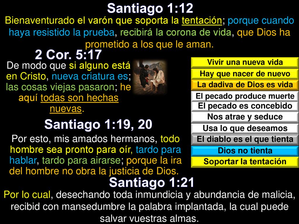 Santiago 1:12 2 Cor. 5:17 Santiago 1:19, 20 Santiago 1:21