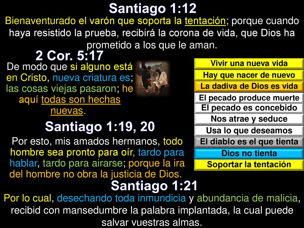 Santiago 1:12 2 Cor. 5:17 Santiago 1:19, 20 Santiago 1:21