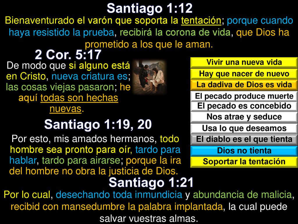 Santiago 1:12 2 Cor. 5:17 Santiago 1:19, 20 Santiago 1:21
