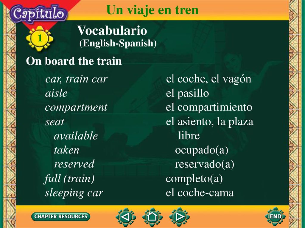 Un viaje en tren Vocabulario On board the train car, train car