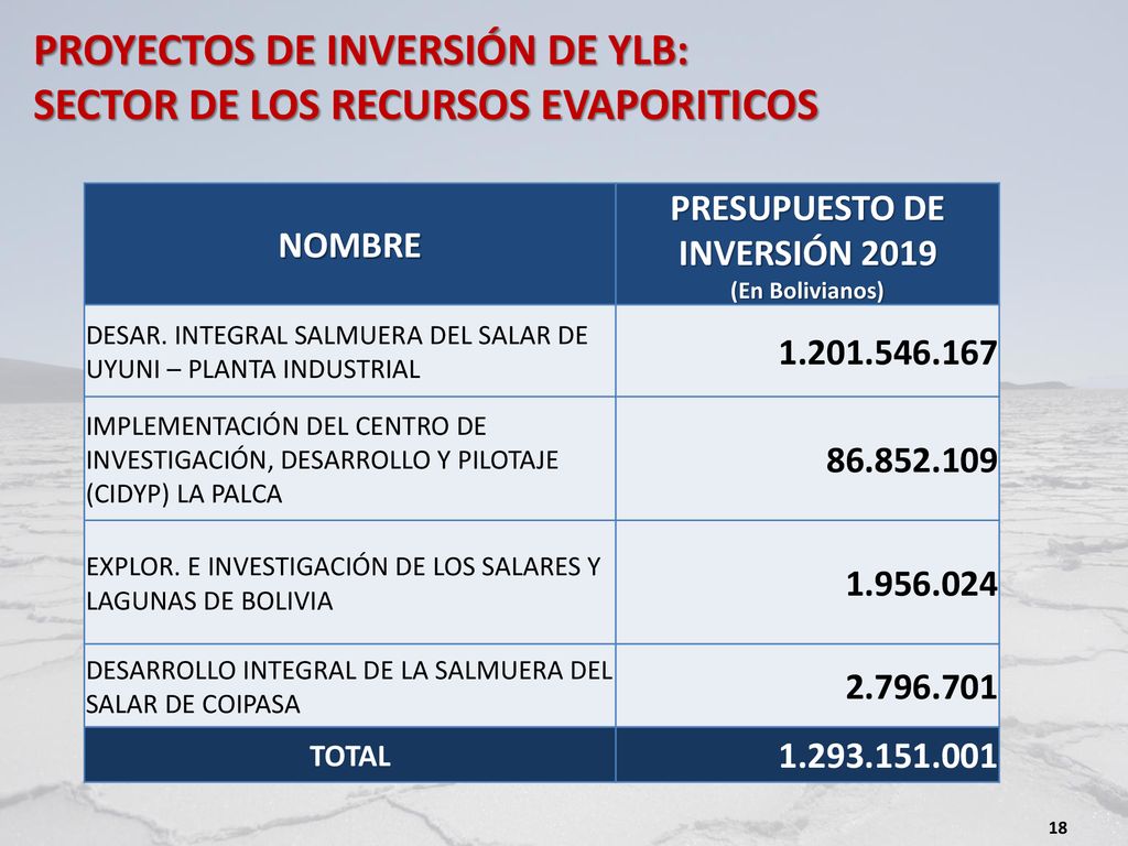 PROYECTOS DE INVERSIÓN DE YLB: SECTOR DE LOS RECURSOS EVAPORITICOS