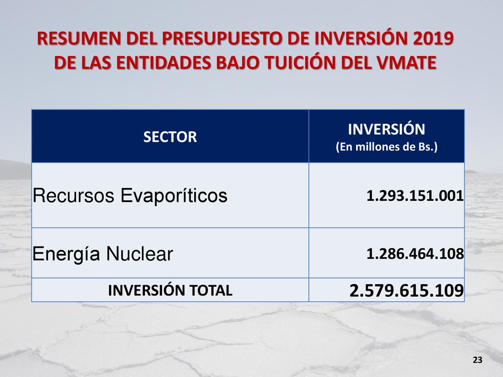 RESUMEN DEL PRESUPUESTO DE INVERSIÓN 2019 DE LAS ENTIDADES BAJO TUICIÓN DEL VMATE