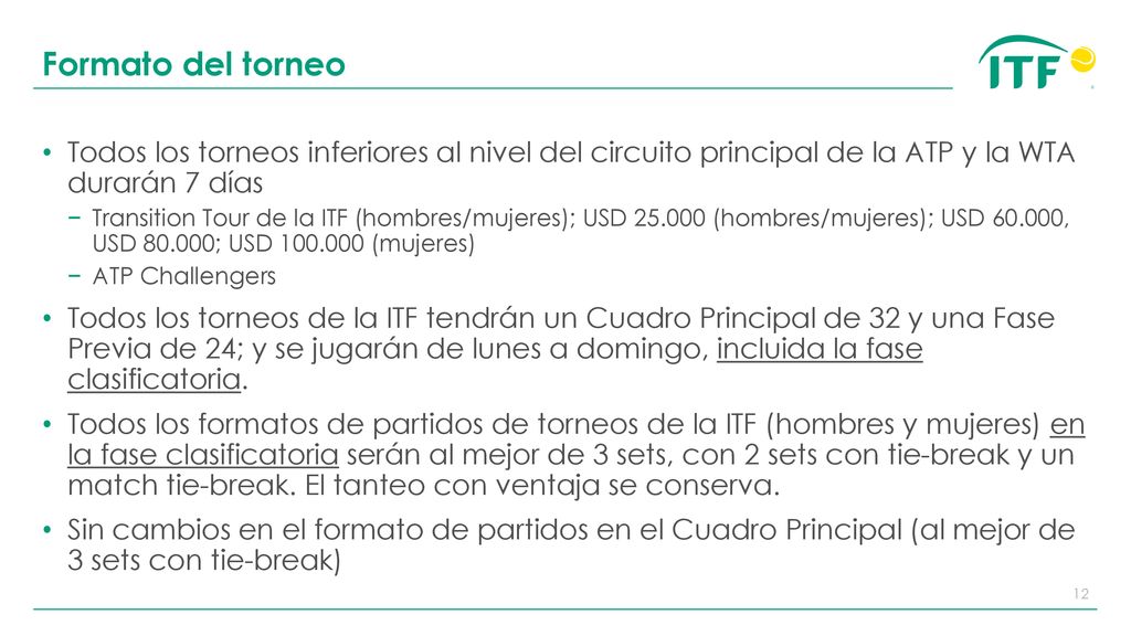 Formato del torneo Todos los torneos inferiores al nivel del circuito principal de la ATP y la WTA durarán 7 días.