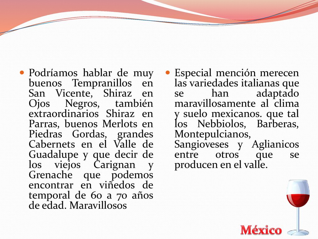 Podríamos hablar de muy buenos Tempranillos en San Vicente, Shiraz en Ojos Negros, también extraordinarios Shiraz en Parras, buenos Merlots en Piedras Gordas, grandes Cabernets en el Valle de Guadalupe y que decir de los viejos Carignan y Grenache que podemos encontrar en viñedos de temporal de 60 a 70 años de edad. Maravillosos