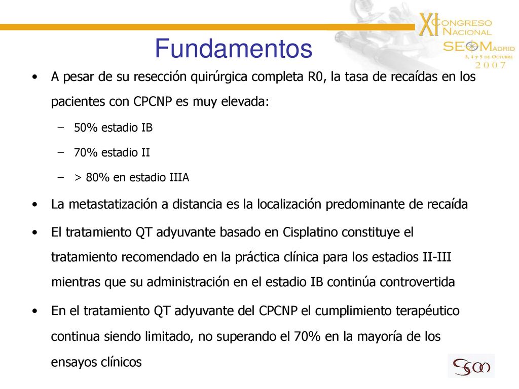 Fundamentos A pesar de su resección quirúrgica completa R0, la tasa de recaídas en los pacientes con CPCNP es muy elevada: