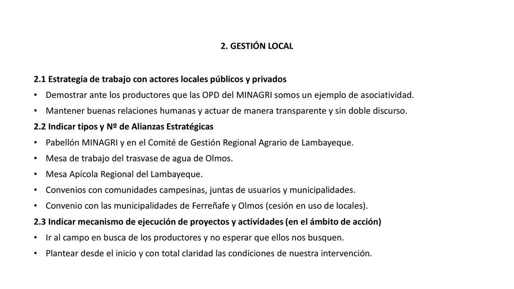 2. GESTIÓN LOCAL 2.1 Estrategia de trabajo con actores locales públicos y privados.