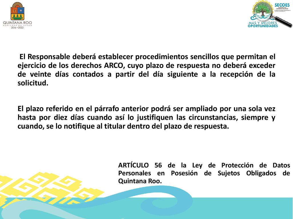 El Responsable deberá establecer procedimientos sencillos que permitan el ejercicio de los derechos ARCO, cuyo plazo de respuesta no deberá exceder de veinte días contados a partir del día siguiente a la recepción de la solicitud.