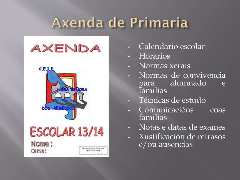 Axenda de Primaria Calendario escolar Horarios Normas xerais