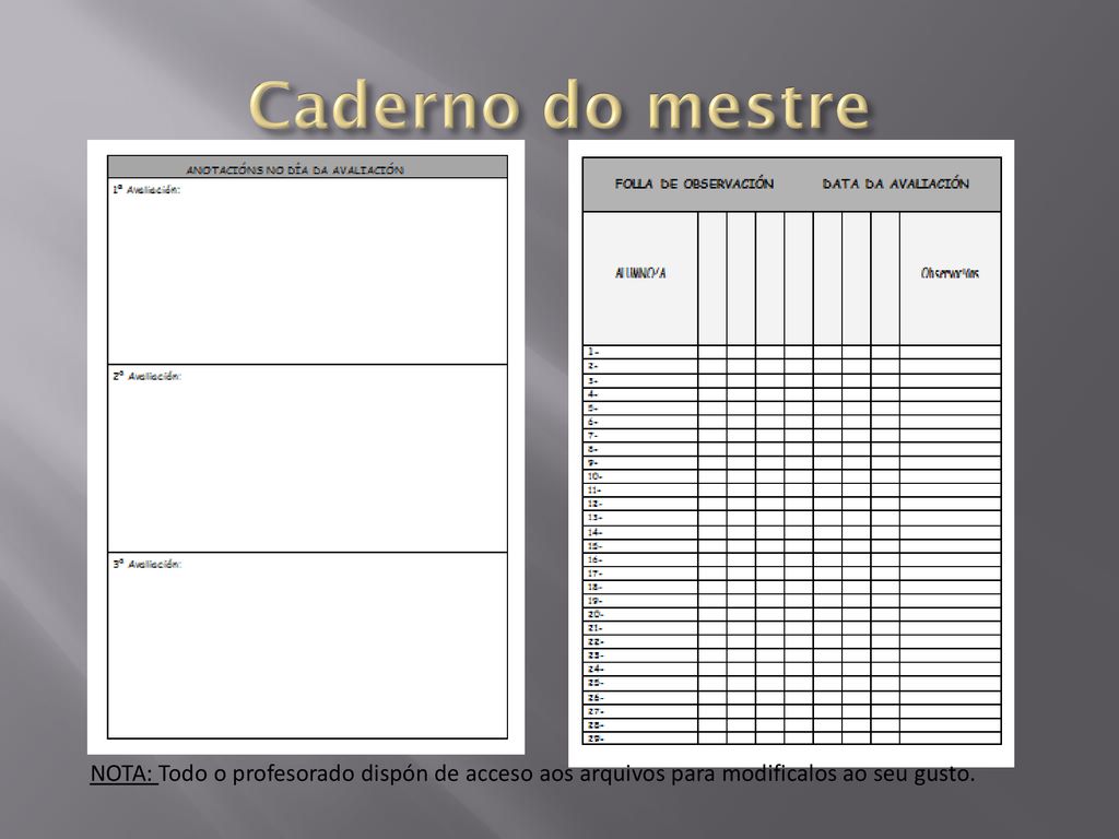 Caderno do mestre NOTA: Todo o profesorado dispón de acceso aos arquivos para modificalos ao seu gusto.