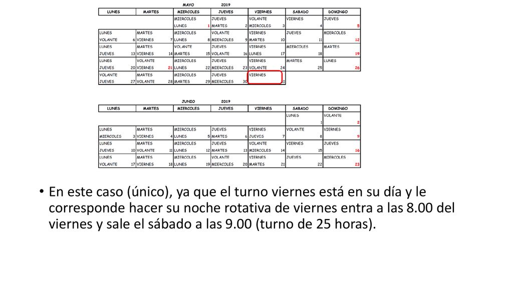 En este caso (único), ya que el turno viernes está en su día y le corresponde hacer su noche rotativa de viernes entra a las 8.00 del viernes y sale el sábado a las 9.00 (turno de 25 horas).