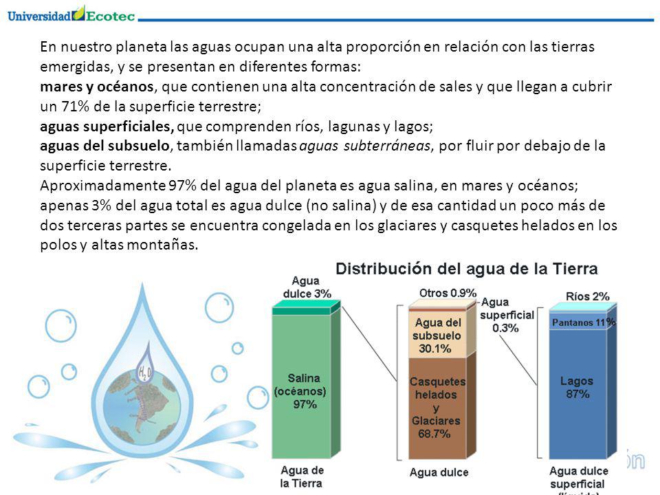 En nuestro planeta las aguas ocupan una alta proporción en relación con las tierras emergidas, y se presentan en diferentes formas: