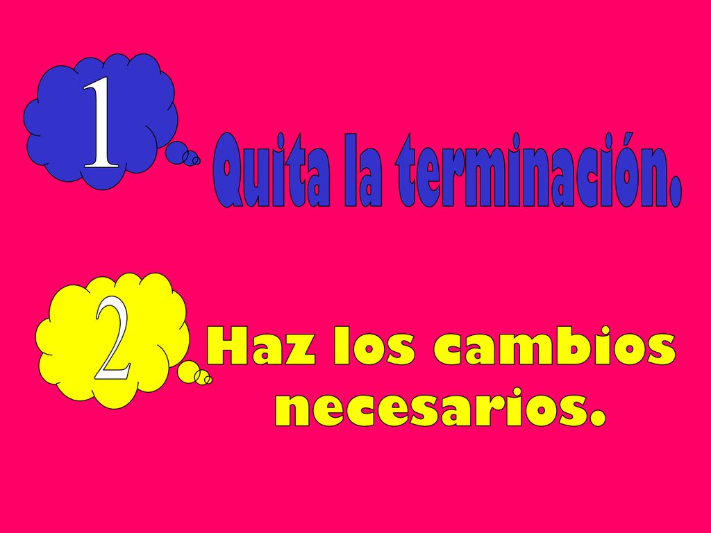 1 Quita la terminación. 2 Haz los cambios necesarios. Show the steps.