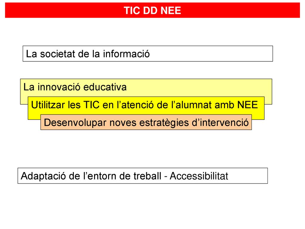 TIC DD NEE La societat de la informació. La innovació educativa. Utilitzar les TIC en l’atenció de l’alumnat amb NEE.