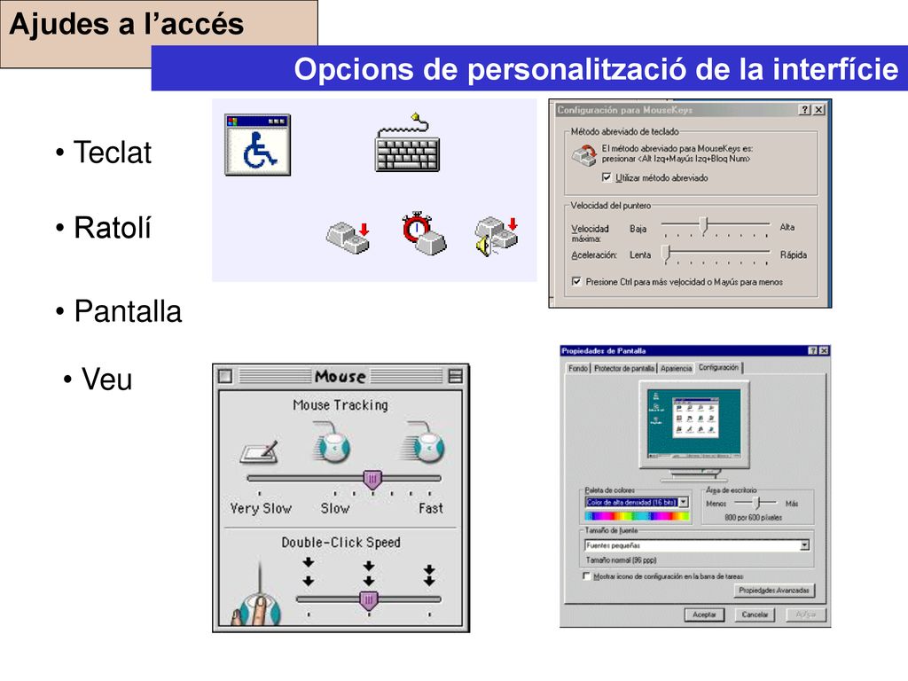 Ajudes a l’accés Opcions de personalització de la interfície Teclat Ratolí Pantalla Veu