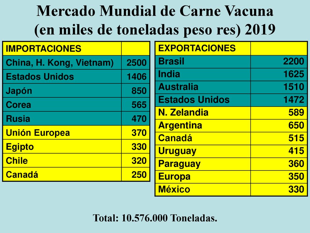 Mercado Mundial de Carne Vacuna (en miles de toneladas peso res) 2019