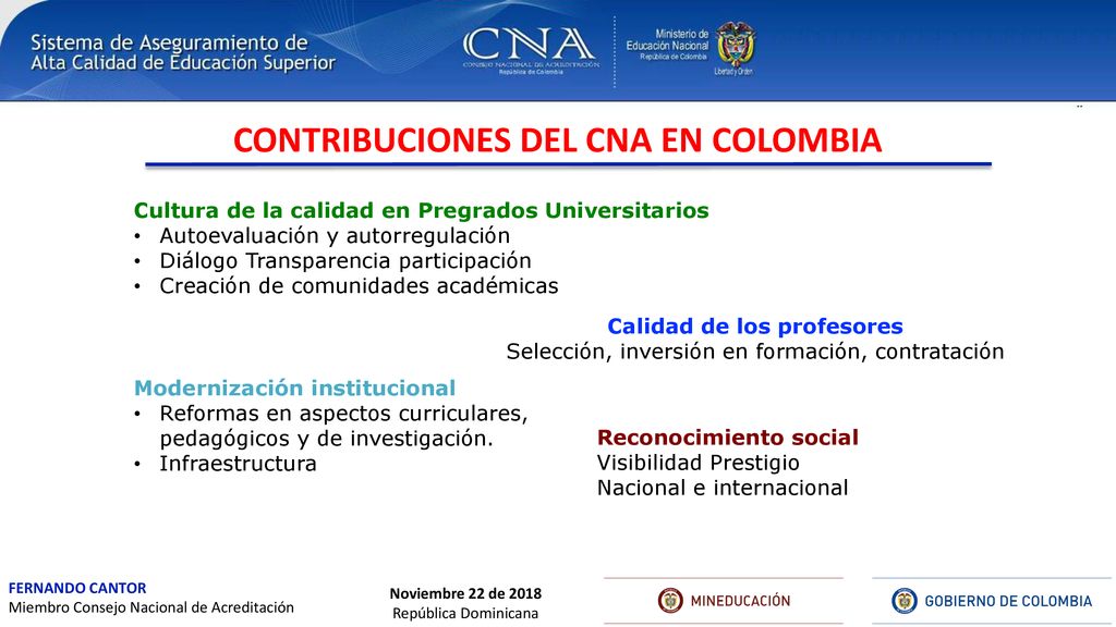 CONTRIBUCIONES DEL CNA EN COLOMBIA Calidad de los profesores
