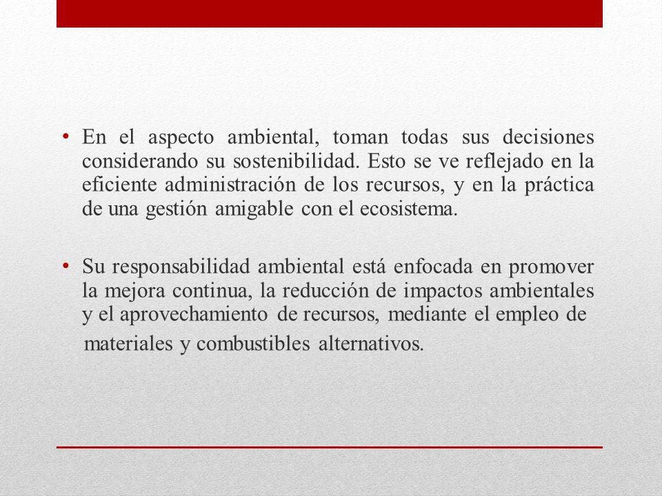 En el aspecto ambiental, toman todas sus decisiones considerando su sostenibilidad. Esto se ve reflejado en la eficiente administración de los recursos, y en la práctica de una gestión amigable con el ecosistema.