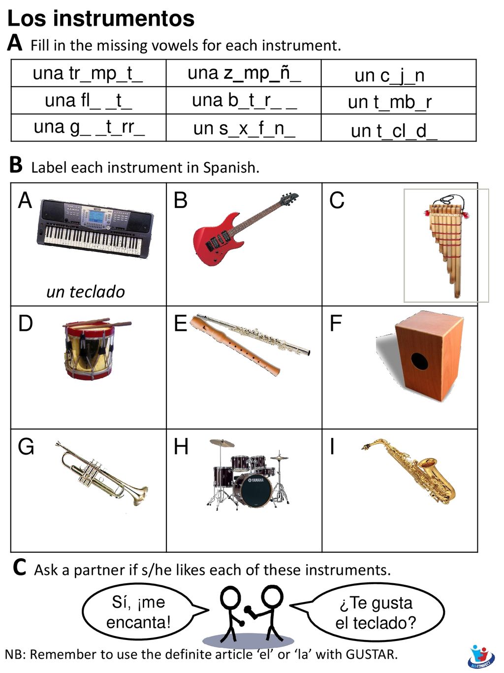 A Fill in the missing vowels for each instrument.