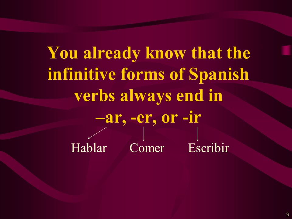 You already know that the infinitive forms of Spanish verbs always end in –ar, -er, or -ir