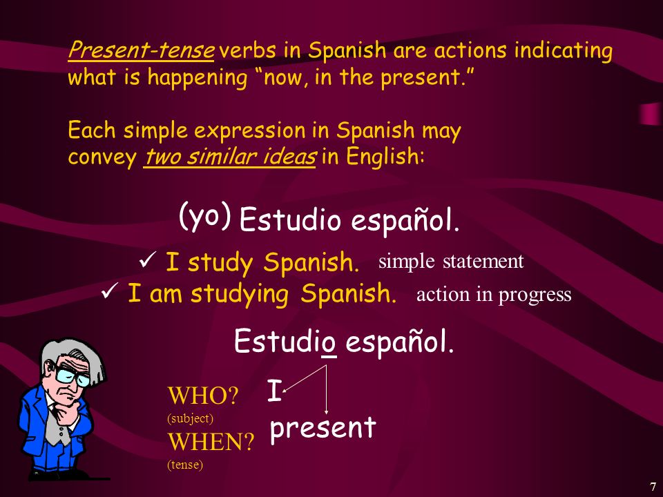 (yo) Estudio español. Estudio español. I present I study Spanish.