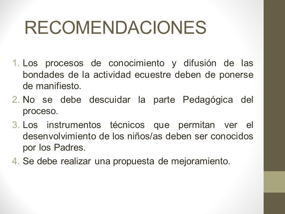 RECOMENDACIONES Los procesos de conocimiento y difusión de las bondades de la actividad ecuestre deben de ponerse de manifiesto.