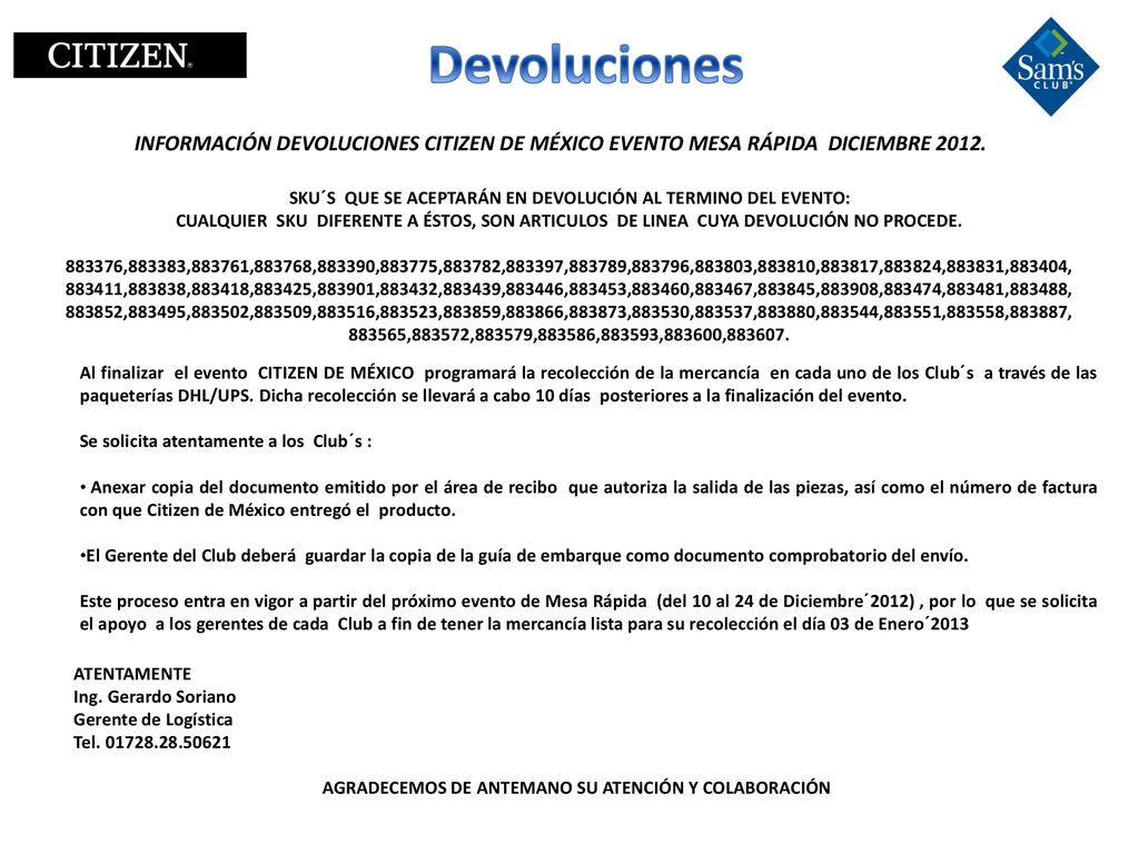 Devoluciones INFORMACIÓN DEVOLUCIONES CITIZEN DE MÉXICO EVENTO MESA RÁPIDA DICIEMBRE