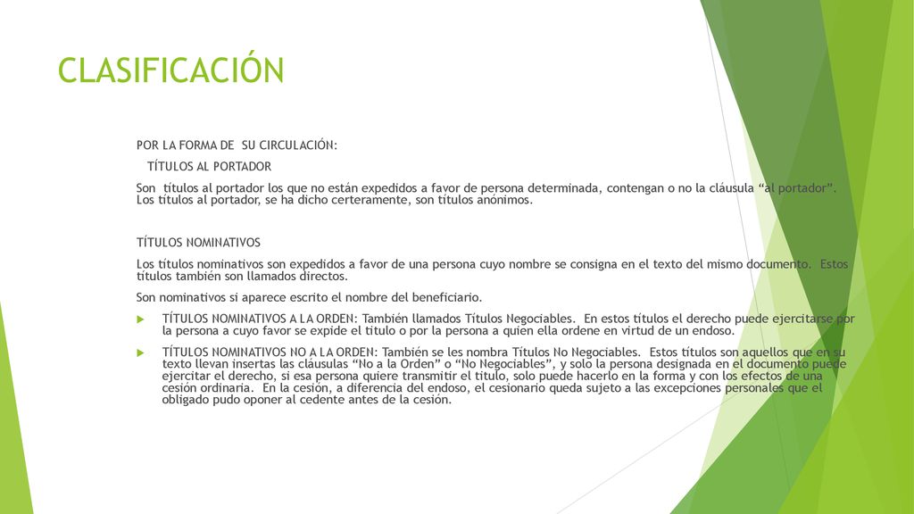 CLASIFICACIÓN POR LA FORMA DE SU CIRCULACIÓN: TÍTULOS AL PORTADOR