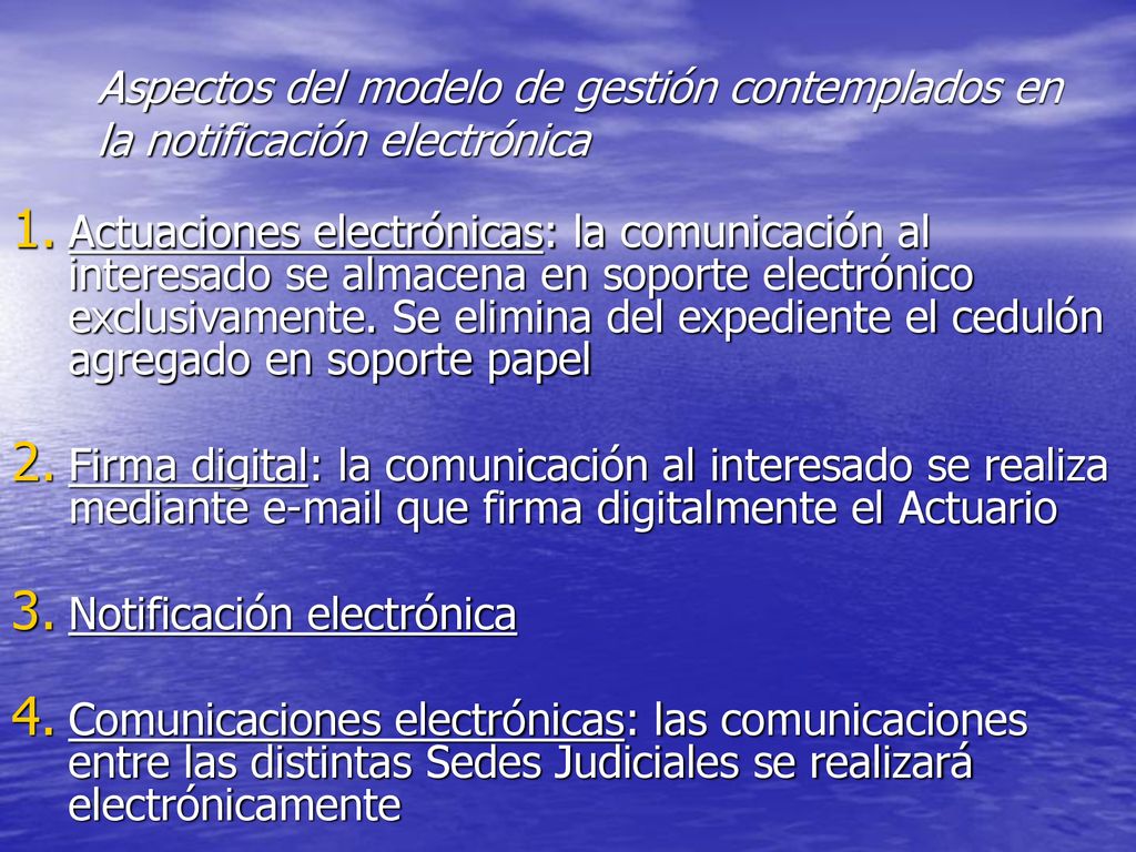 Aspectos del modelo de gestión contemplados en la notificación electrónica
