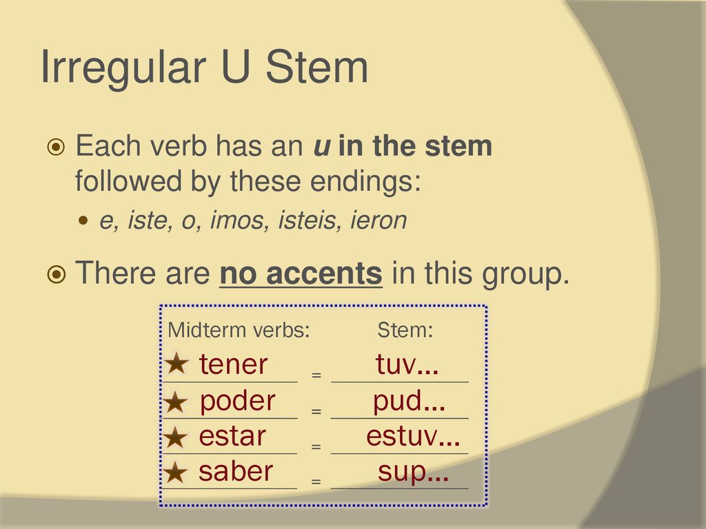 Irregular U Stem There are no accents in this group. tener tuv… poder