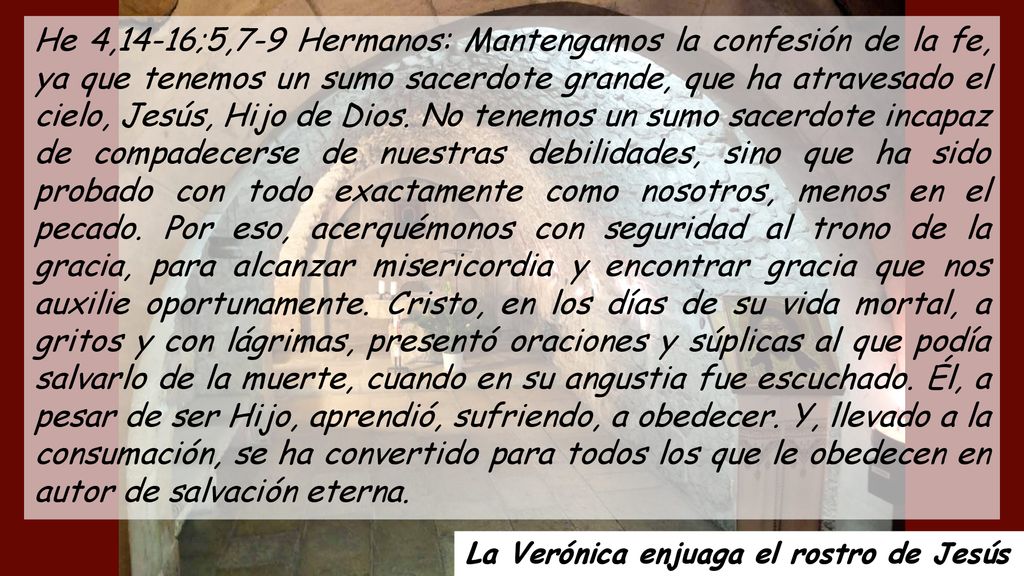 He 4,14-16;5,7-9 Hermanos: Mantengamos la confesión de la fe, ya que tenemos un sumo sacerdote grande, que ha atravesado el cielo, Jesús, Hijo de Dios. No tenemos un sumo sacerdote incapaz de compadecerse de nuestras debilidades, sino que ha sido probado con todo exactamente como nosotros, menos en el pecado. Por eso, acerquémonos con seguridad al trono de la gracia, para alcanzar misericordia y encontrar gracia que nos auxilie oportunamente. Cristo, en los días de su vida mortal, a gritos y con lágrimas, presentó oraciones y súplicas al que podía salvarlo de la muerte, cuando en su angustia fue escuchado. Él, a pesar de ser Hijo, aprendió, sufriendo, a obedecer. Y, llevado a la consumación, se ha convertido para todos los que le obedecen en autor de salvación eterna.