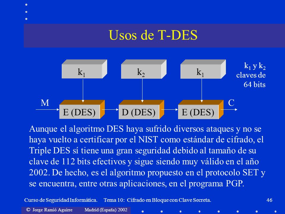 Usos de T-DES k1 k2 E (DES) M C D (DES)