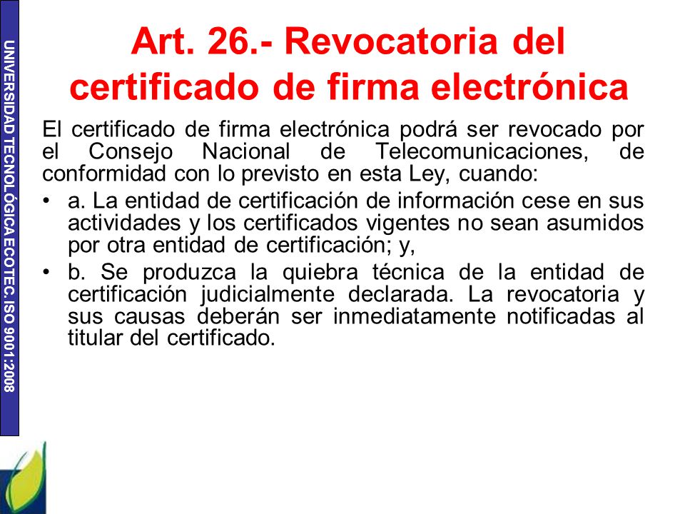 Art Revocatoria del certificado de firma electrónica