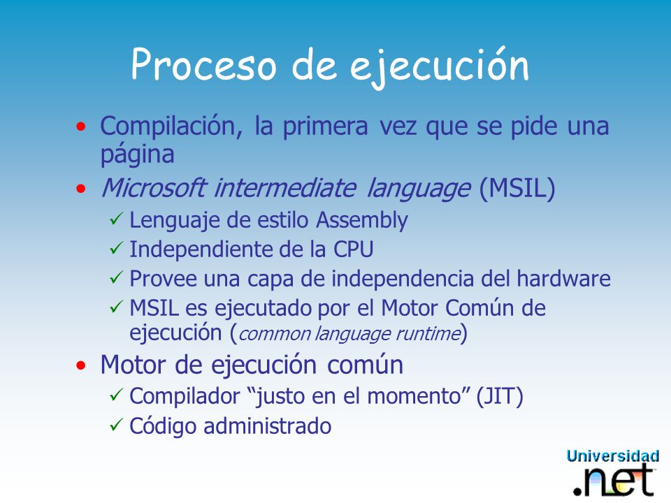 Proceso de ejecución Compilación, la primera vez que se pide una página. Microsoft intermediate language (MSIL)