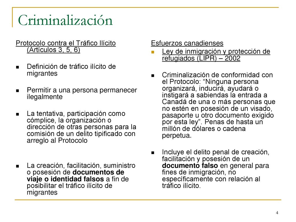 Criminalización Protocolo contra el Tráfico Ilícito (Artículos 3, 5, 6) Definición de tráfico ilícito de migrantes.