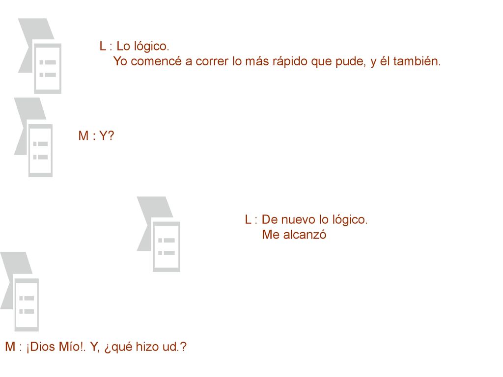 L : Lo lógico. Yo comencé a correr lo más rápido que pude, y él también. M : Y L : De nuevo lo lógico.