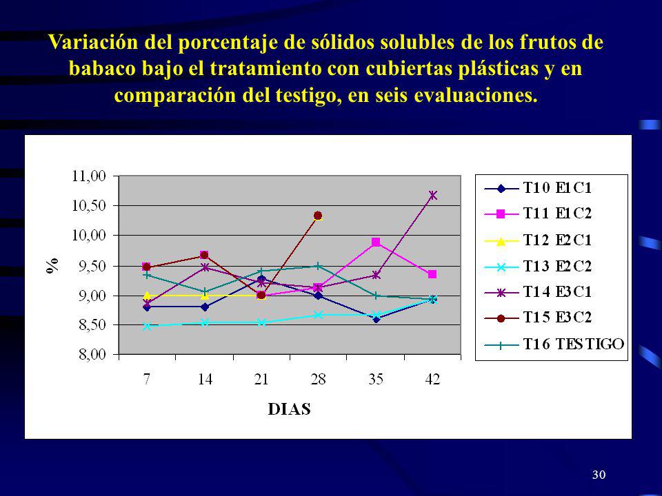 Variación del porcentaje de sólidos solubles de los frutos de babaco bajo el tratamiento con cubiertas plásticas y en comparación del testigo, en seis evaluaciones.