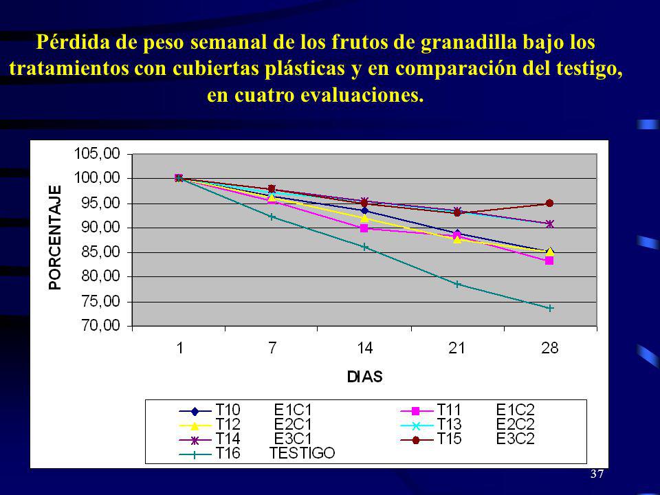 Pérdida de peso semanal de los frutos de granadilla bajo los tratamientos con cubiertas plásticas y en comparación del testigo, en cuatro evaluaciones.