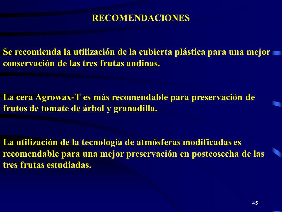 RECOMENDACIONES Se recomienda la utilización de la cubierta plástica para una mejor conservación de las tres frutas andinas.