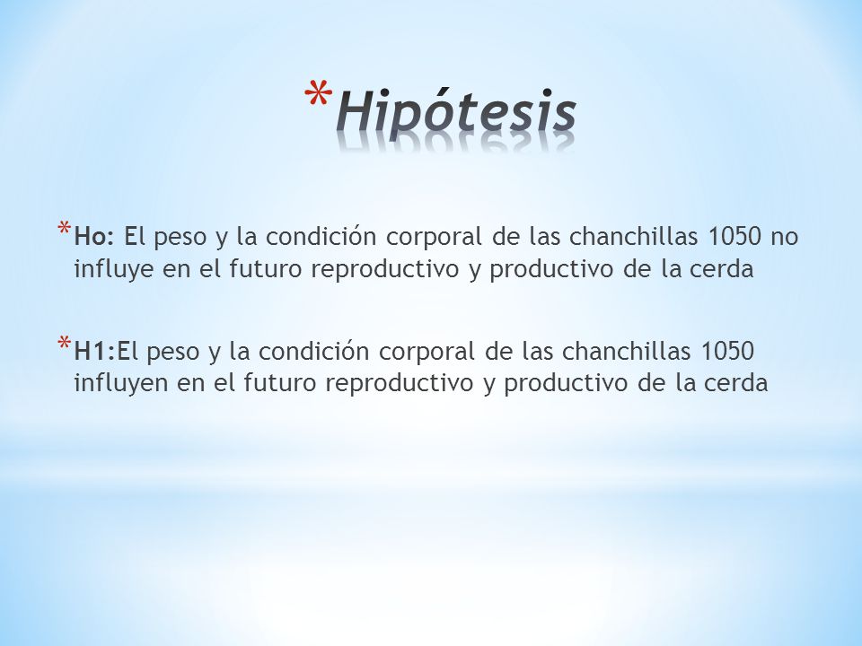 Hipótesis Ho: El peso y la condición corporal de las chanchillas 1050 no influye en el futuro reproductivo y productivo de la cerda.