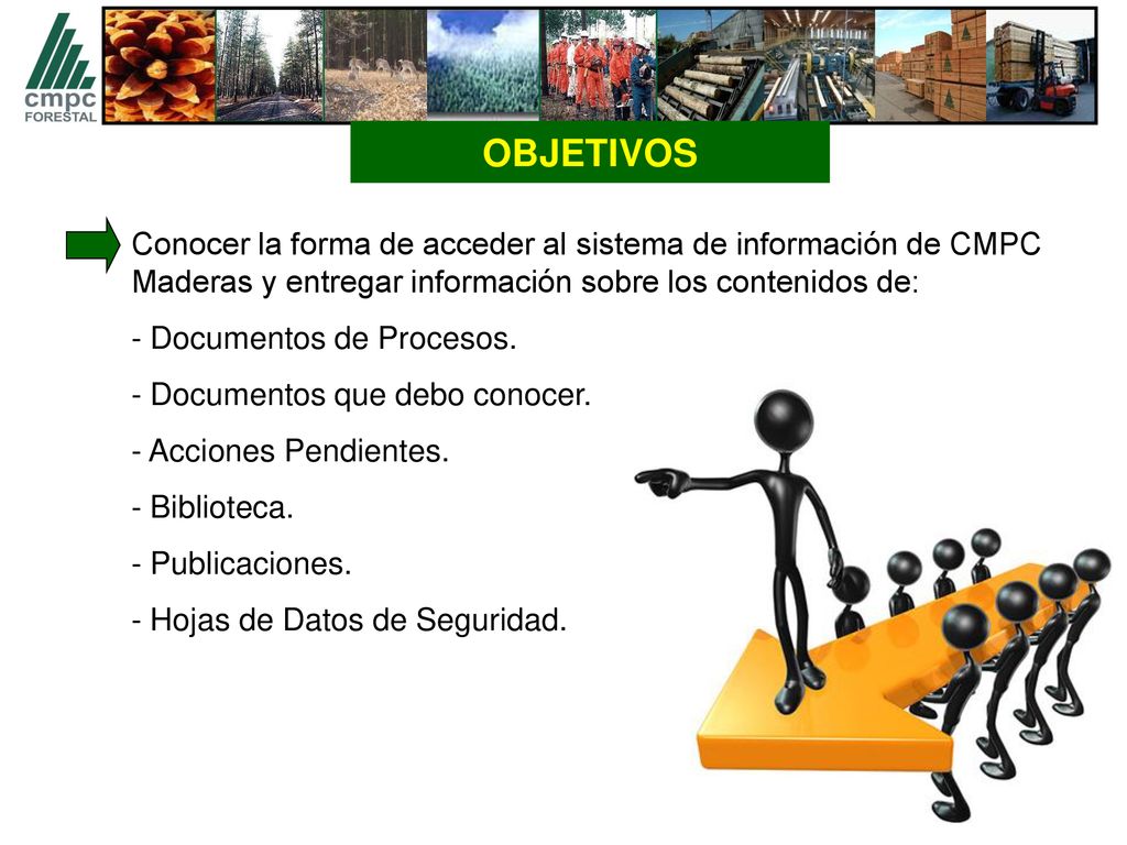 OBJETIVOS Conocer la forma de acceder al sistema de información de CMPC Maderas y entregar información sobre los contenidos de: