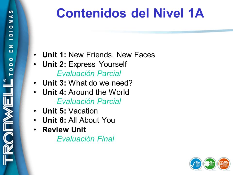Contenidos del Nivel 1A Unit 1: New Friends, New Faces