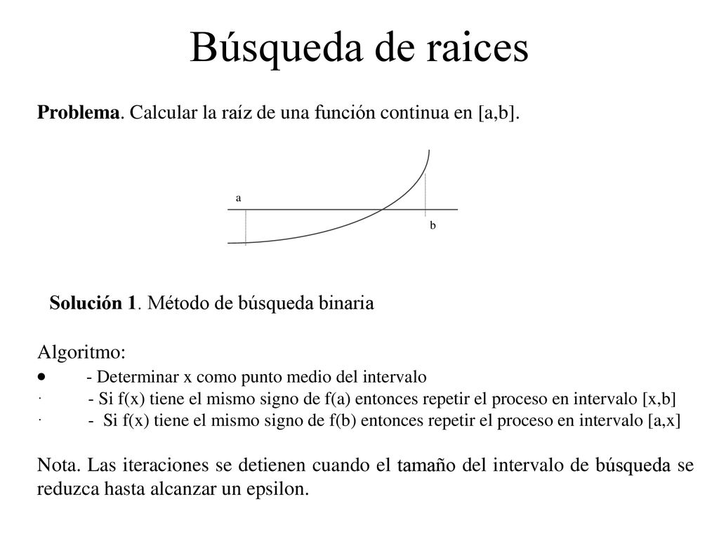 Búsqueda de raices Problema. Calcular la raíz de una función continua en [a,b]. Solución 1. Método de búsqueda binaria.