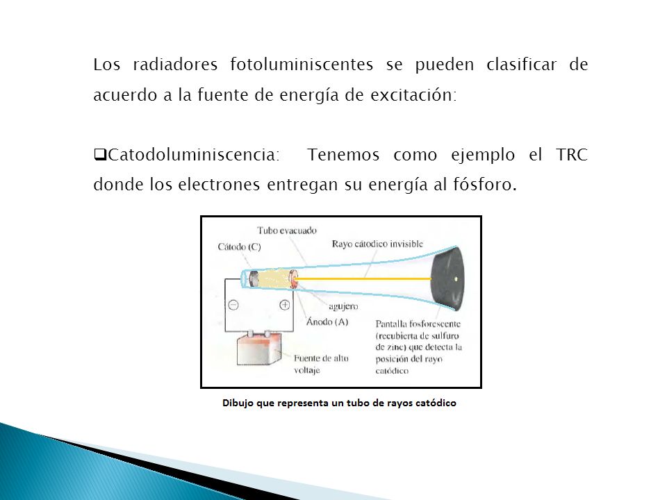 Los radiadores fotoluminiscentes se pueden clasificar de acuerdo a la fuente de energía de excitación: