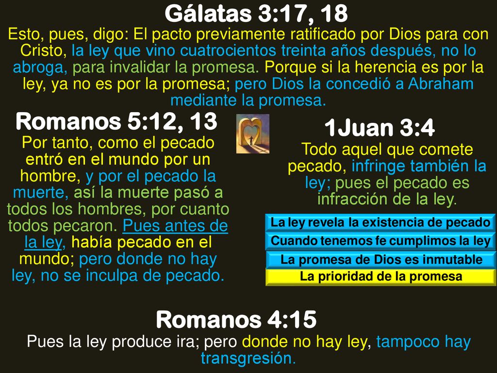 Gálatas 3:17, 18 Romanos 5:12, 13 1Juan 3:4 Romanos 4:15